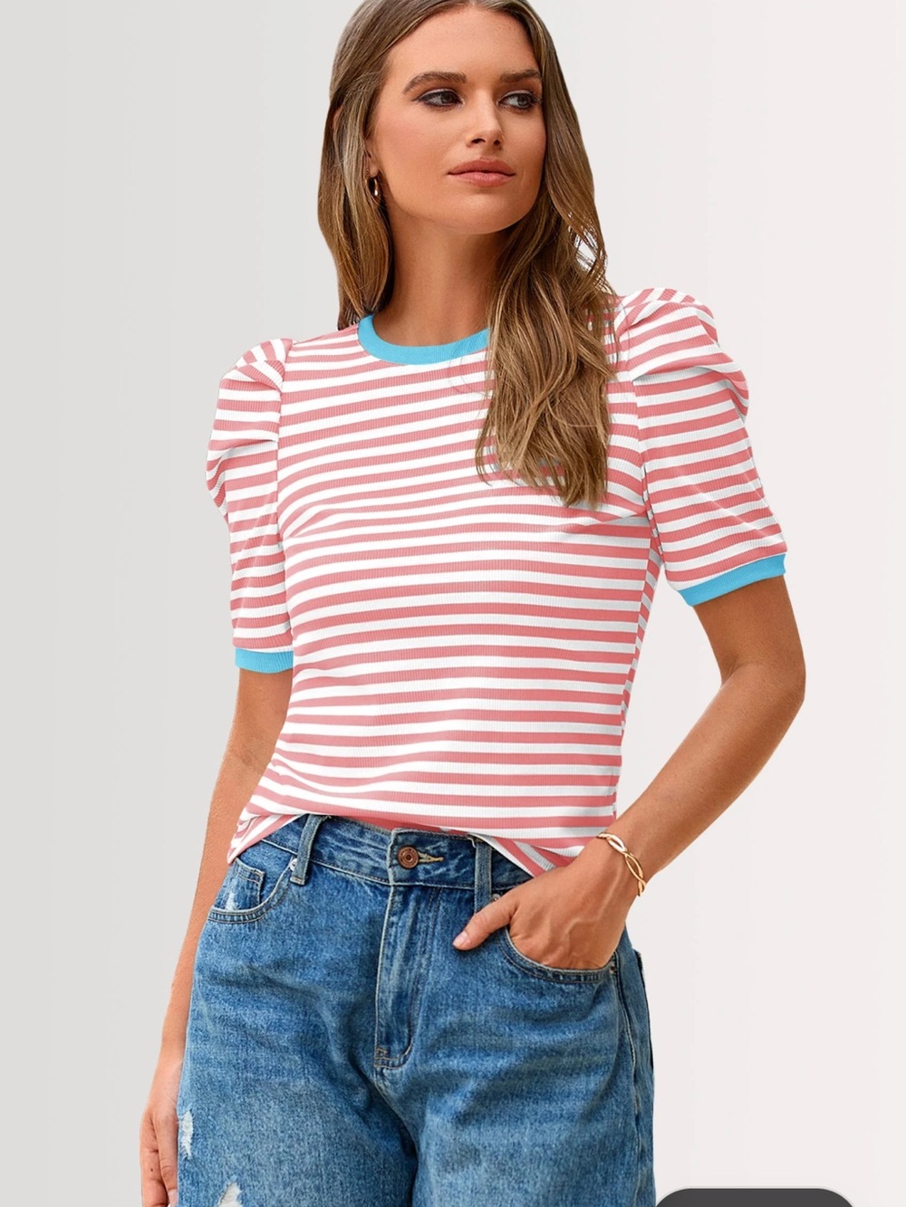 Women Ribbed Tee Blouse with Bright Blue Trim stripped